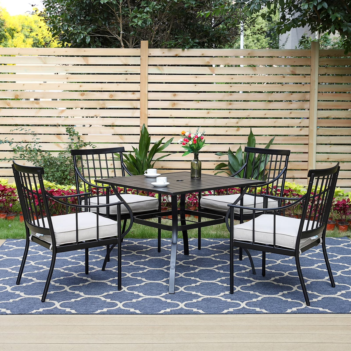 5-Piece Outdoor Dining Set with Cushioned Armchairs & Square Table O631