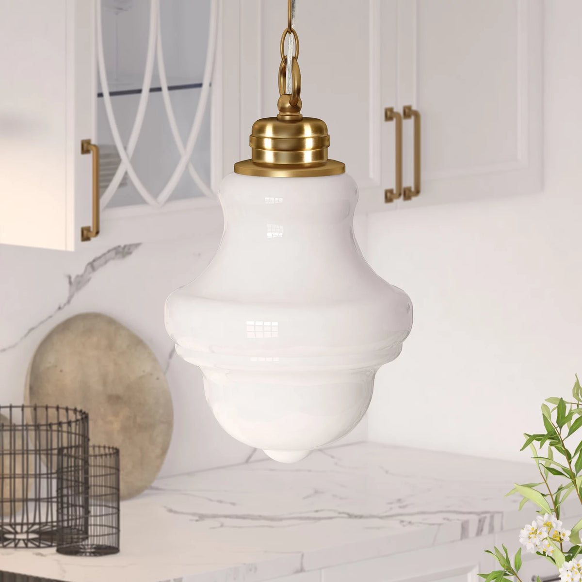 1-Light Brass Pendant with Milk White Glass Shade N6814