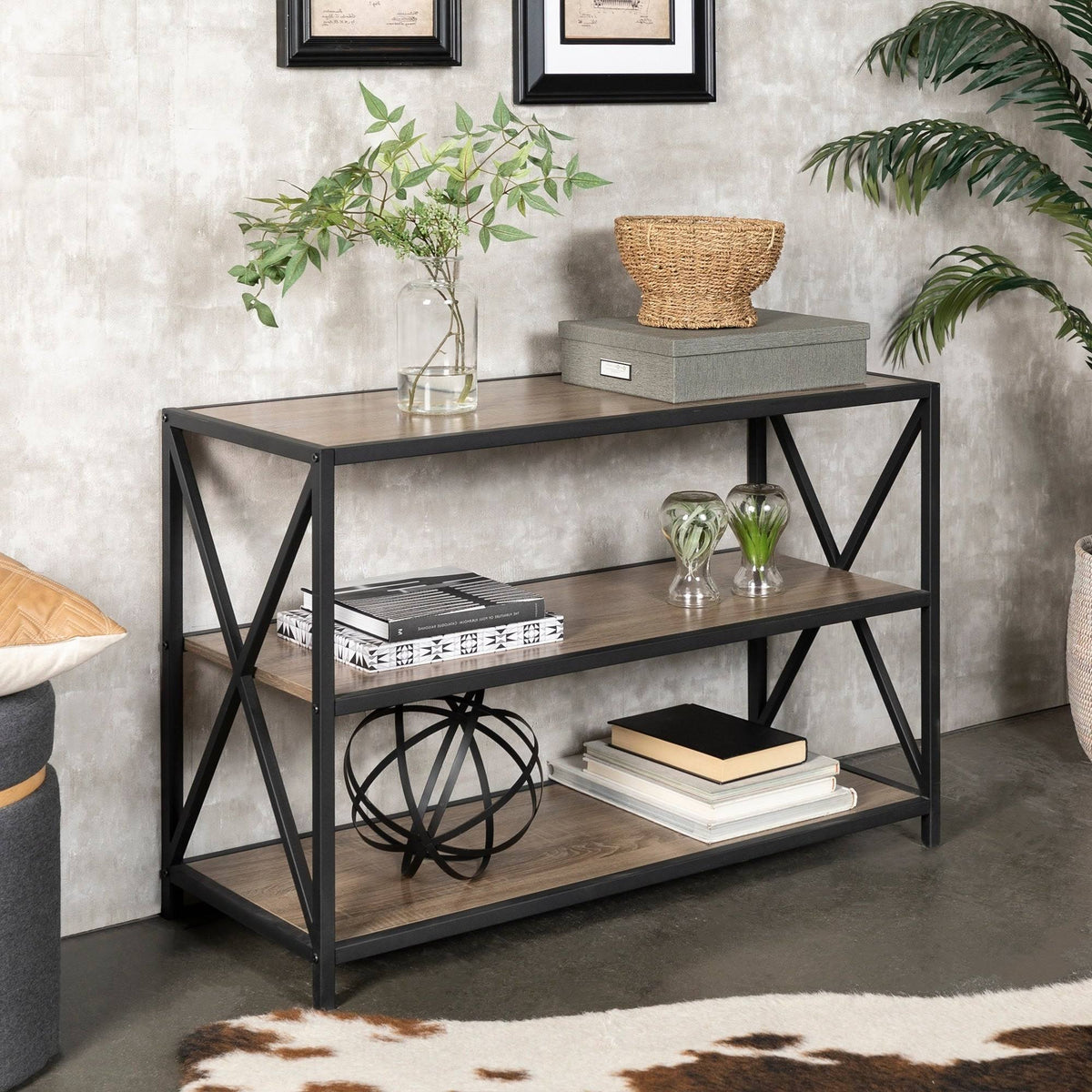 Rustic Oak / Black Metal X-Frame Bookshelf C738172
