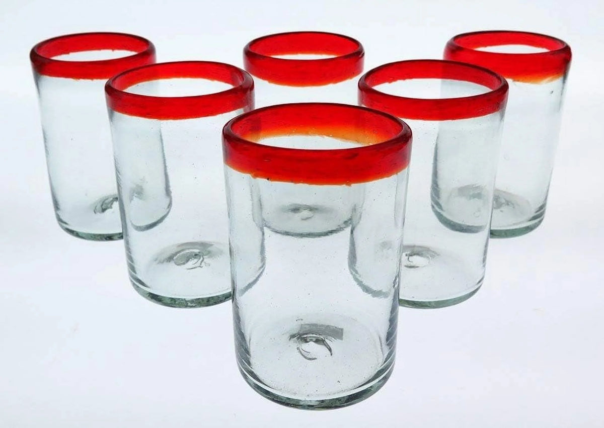 Hand Blown 16 Oz Set Of 6 Mexican Glass Red Rim L40194