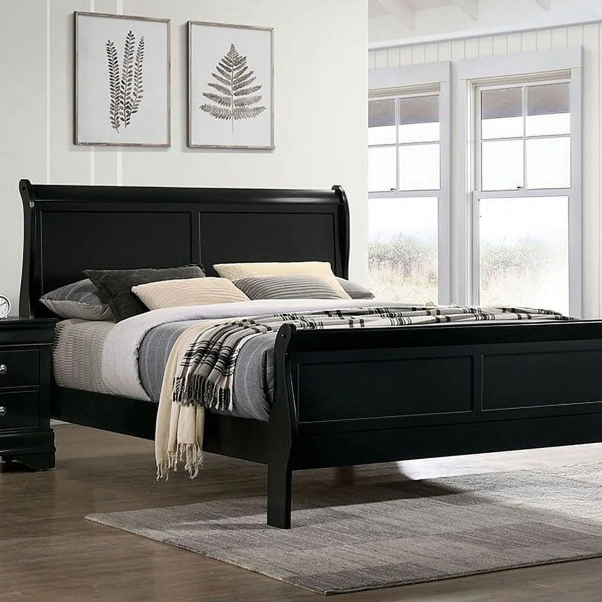 Black Eastern King Size Solidwood Sleigh Bed C7067