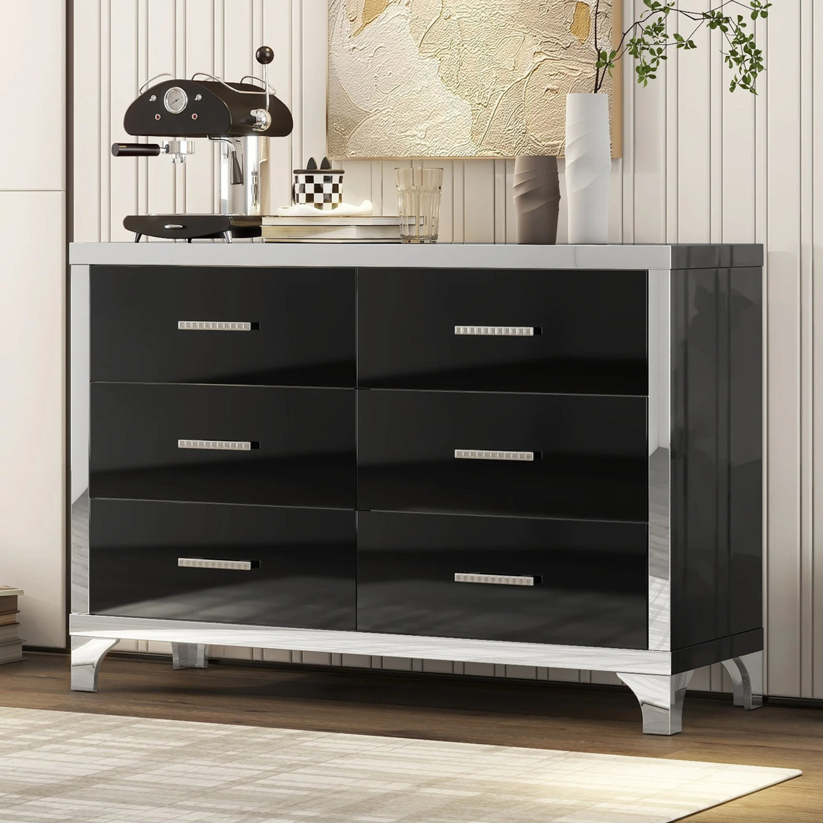 Black High Gloss 6 Drawer Mirrored Dresser A2776