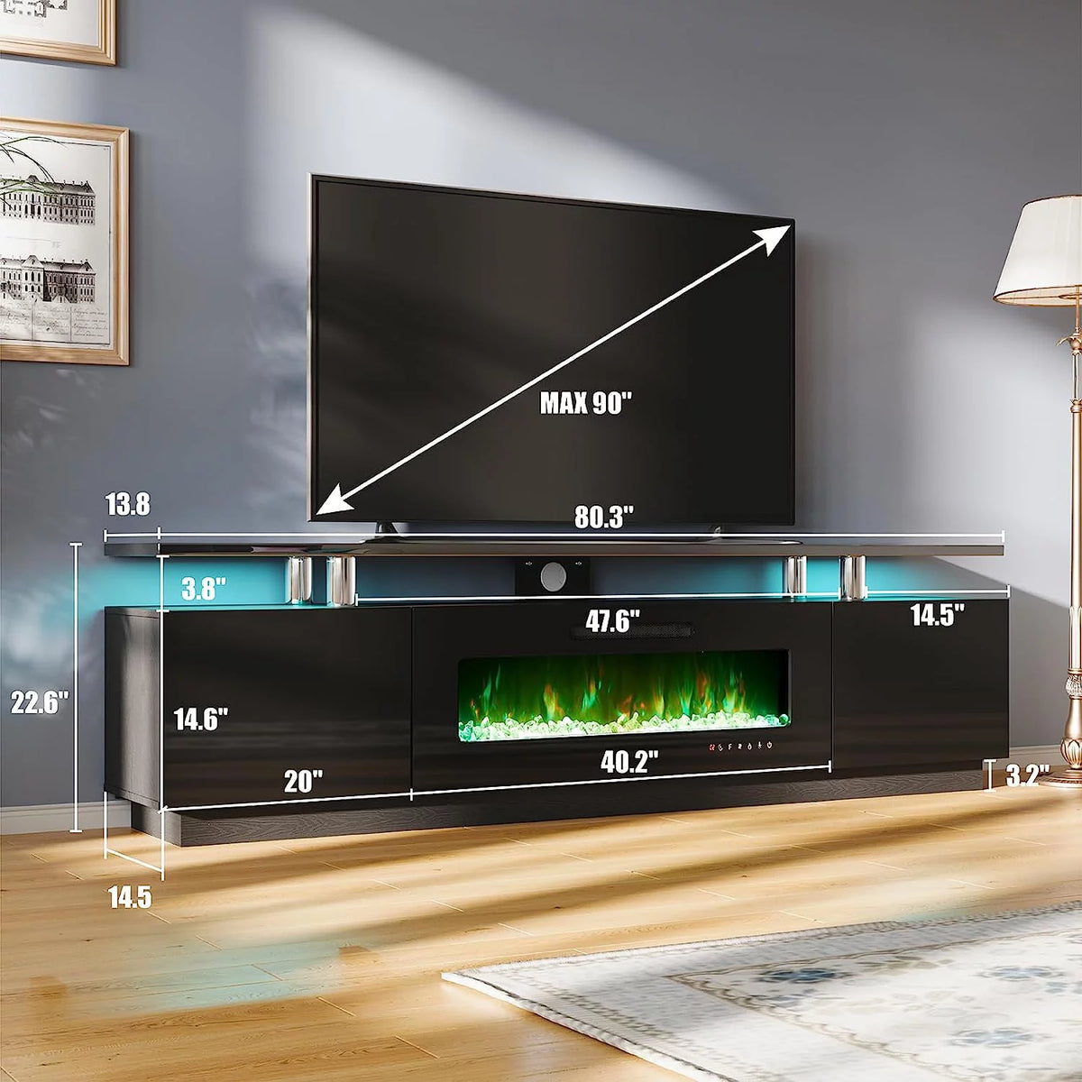 2 Tiers Fireplace TV Stand with 40" Fireplace, 80" High Gloss Entertainment Center, Obsidian Black L89398
