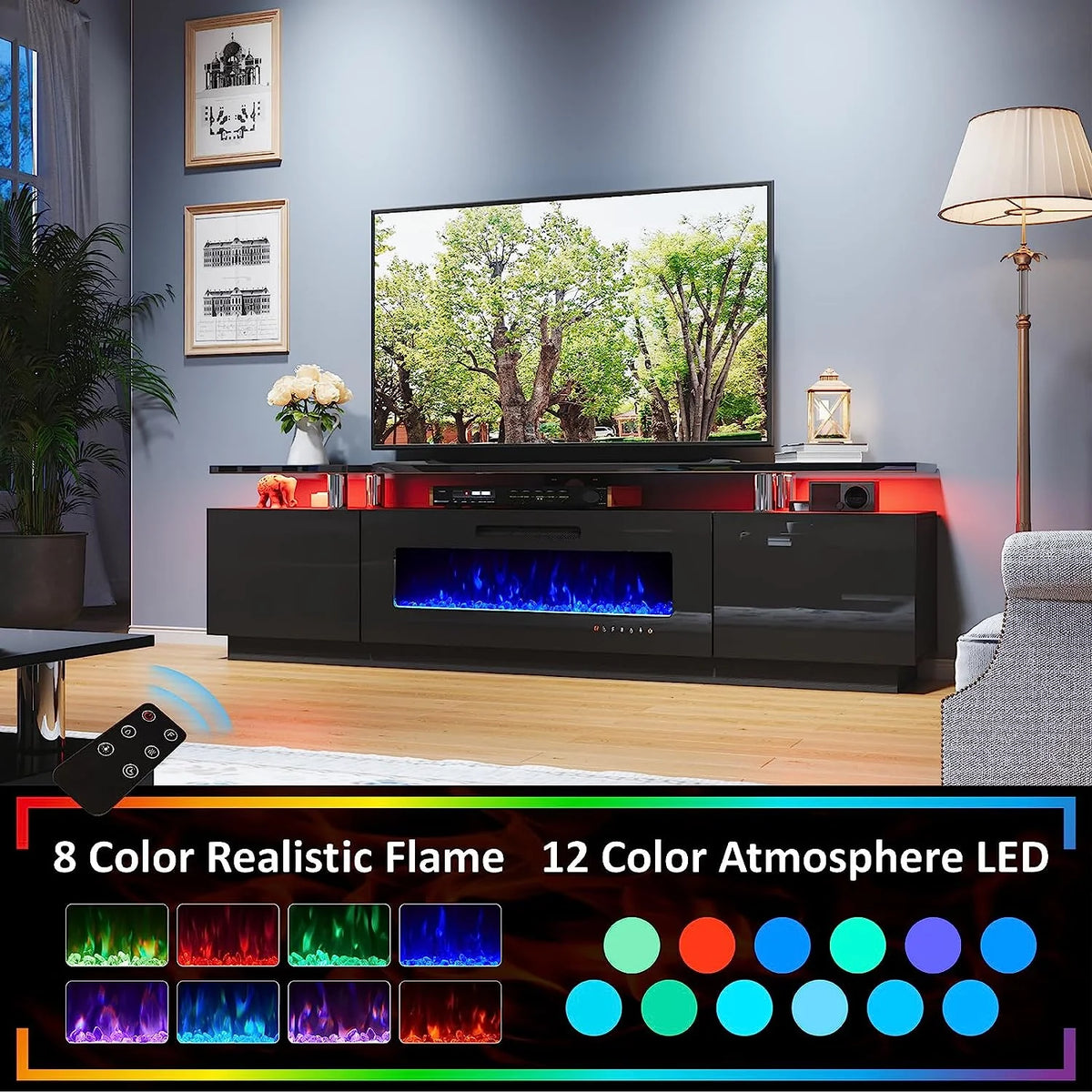 2 Tiers Fireplace TV Stand with 40" Fireplace, 80" High Gloss Entertainment Center, Obsidian Black L89398