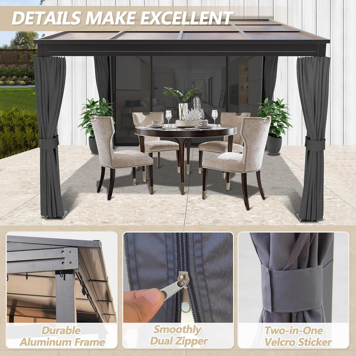 10×10FT Wall-Mounted Aluminum Frame Pergola Gazebo With Netting & Curtains J807008