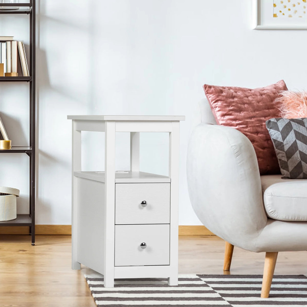 White Narrow End Table with Charging Station D13873