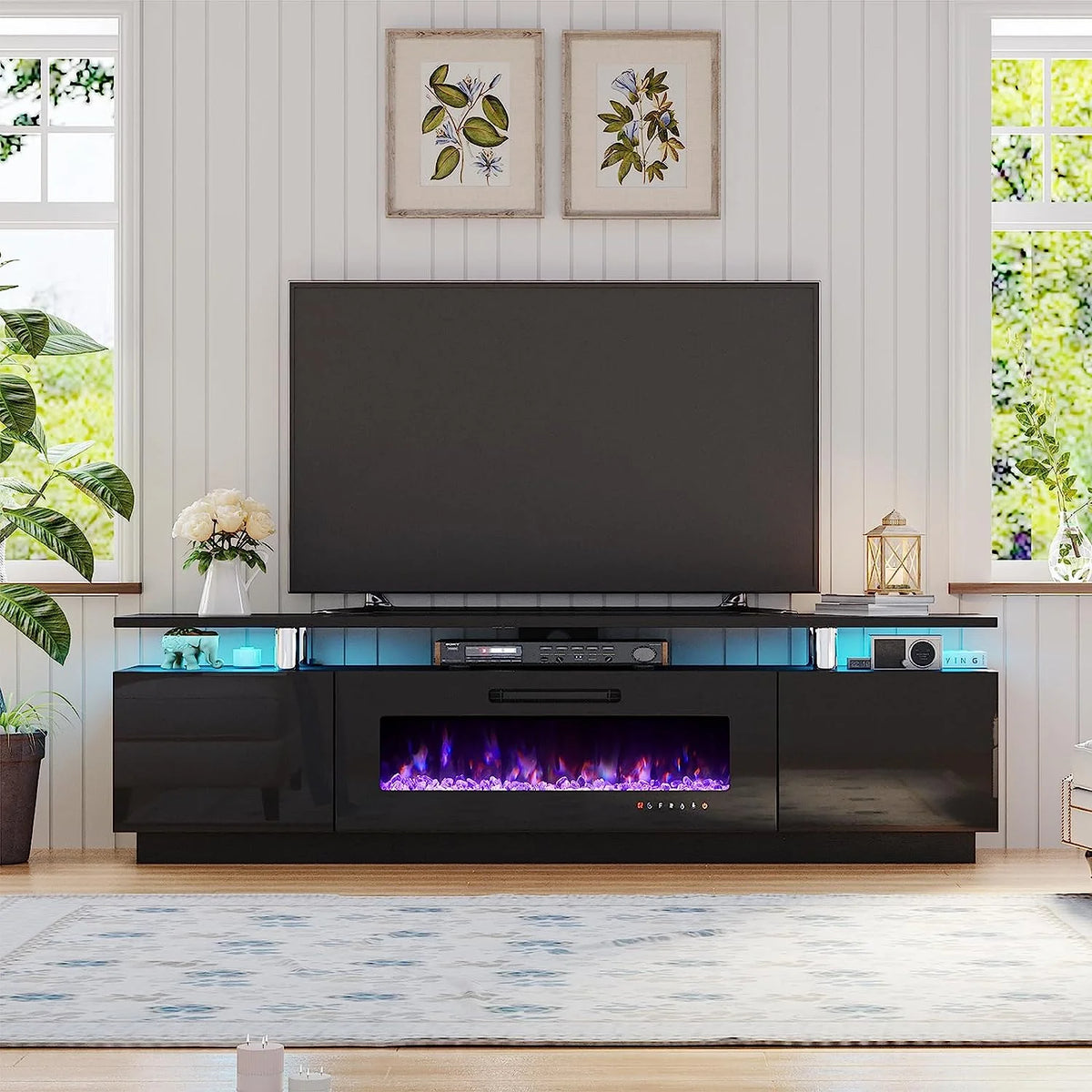 2 Tiers Fireplace TV Stand with 40" Fireplace, 80" High Gloss Entertainment Center, Obsidian Black L89398
