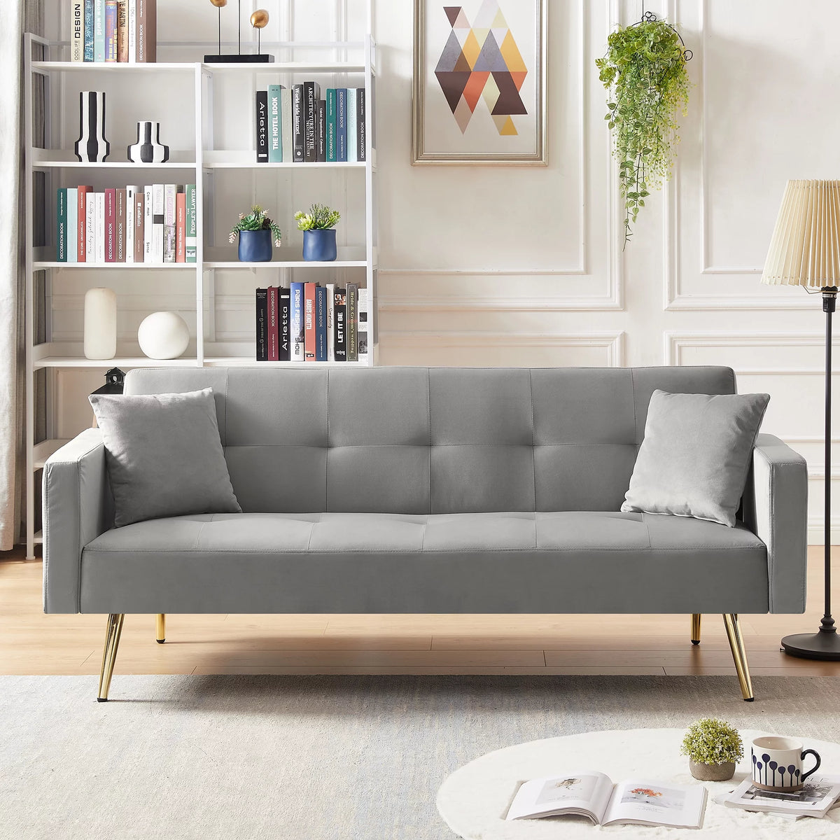 Gray Velvet Convertible Sofa Bed with 2 Pillows T86778