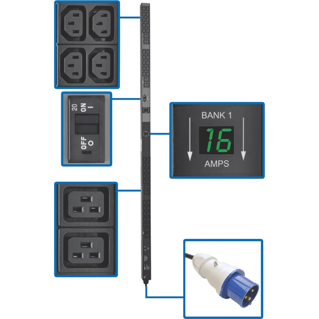 Metered PDU, 7.4kW Single-Phase 230V, 8 C19 and 40 C13 Outlets, IEC-309 32A Blue Input, 10 ft. Cord S4435
