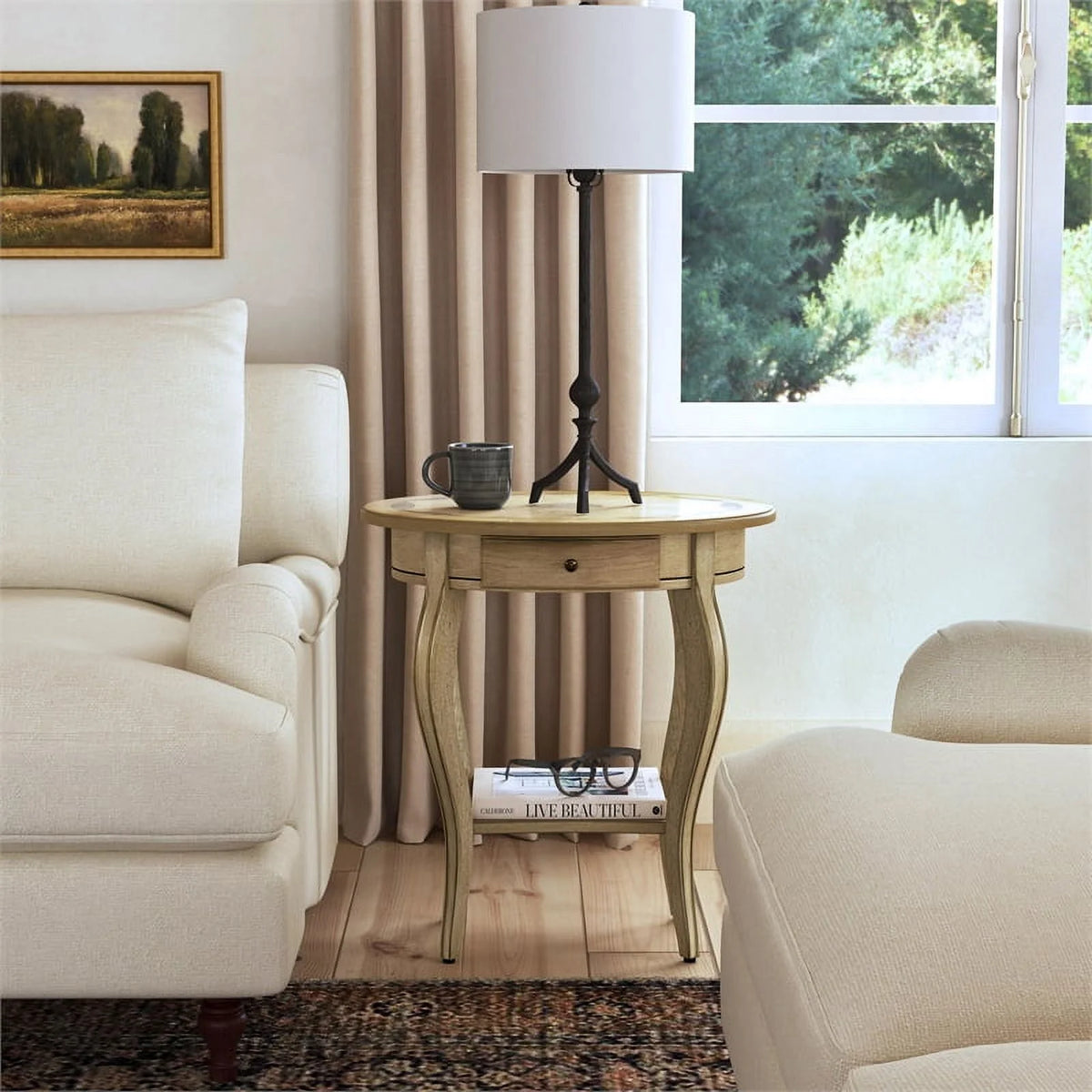 Oval Wood Accent Table in Antique Beige Set of 2 A395761