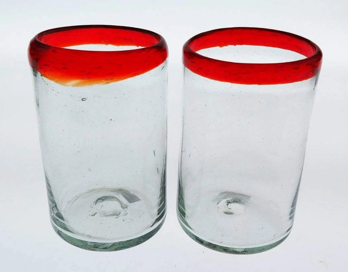 Hand Blown 16 Oz Set Of 6 Mexican Glass Red Rim L40194