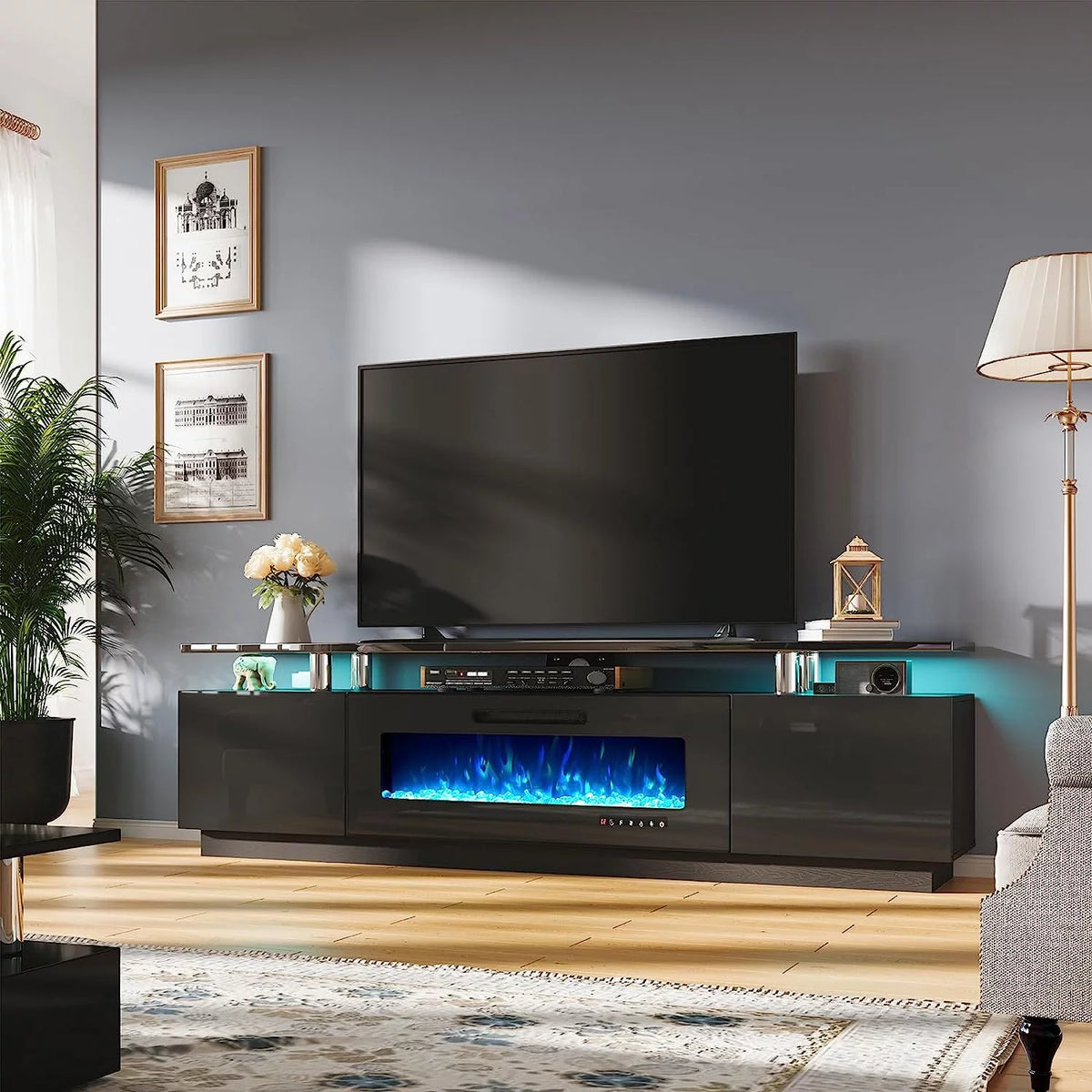 2 Tiers Fireplace TV Stand with 40" Fireplace, 80" High Gloss Entertainment Center, Obsidian Black L89398