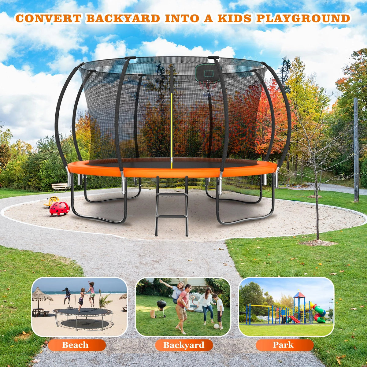 12FT Outdoor Kids Trampoline with Basketball Hoop & Enclosure X6150