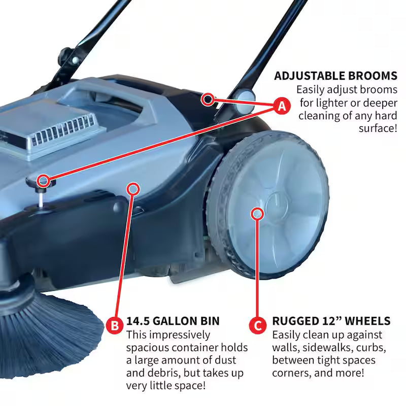 38 in. Walk Behind Push Sweeper with Triple Power Brooms T39789