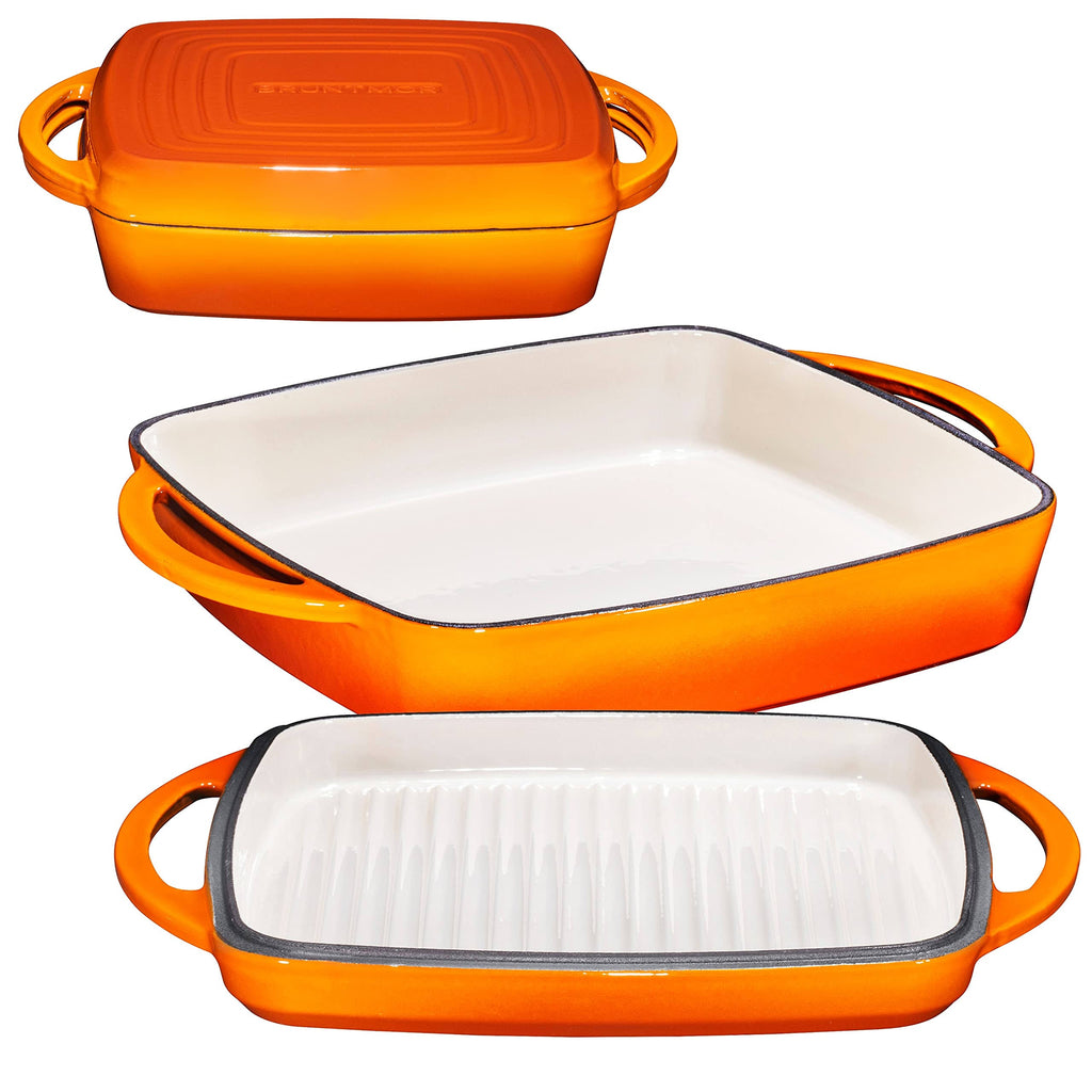 Enameled Cast Iron 11 inch Square Casserole Baking Pan with Griddle Lid K71318