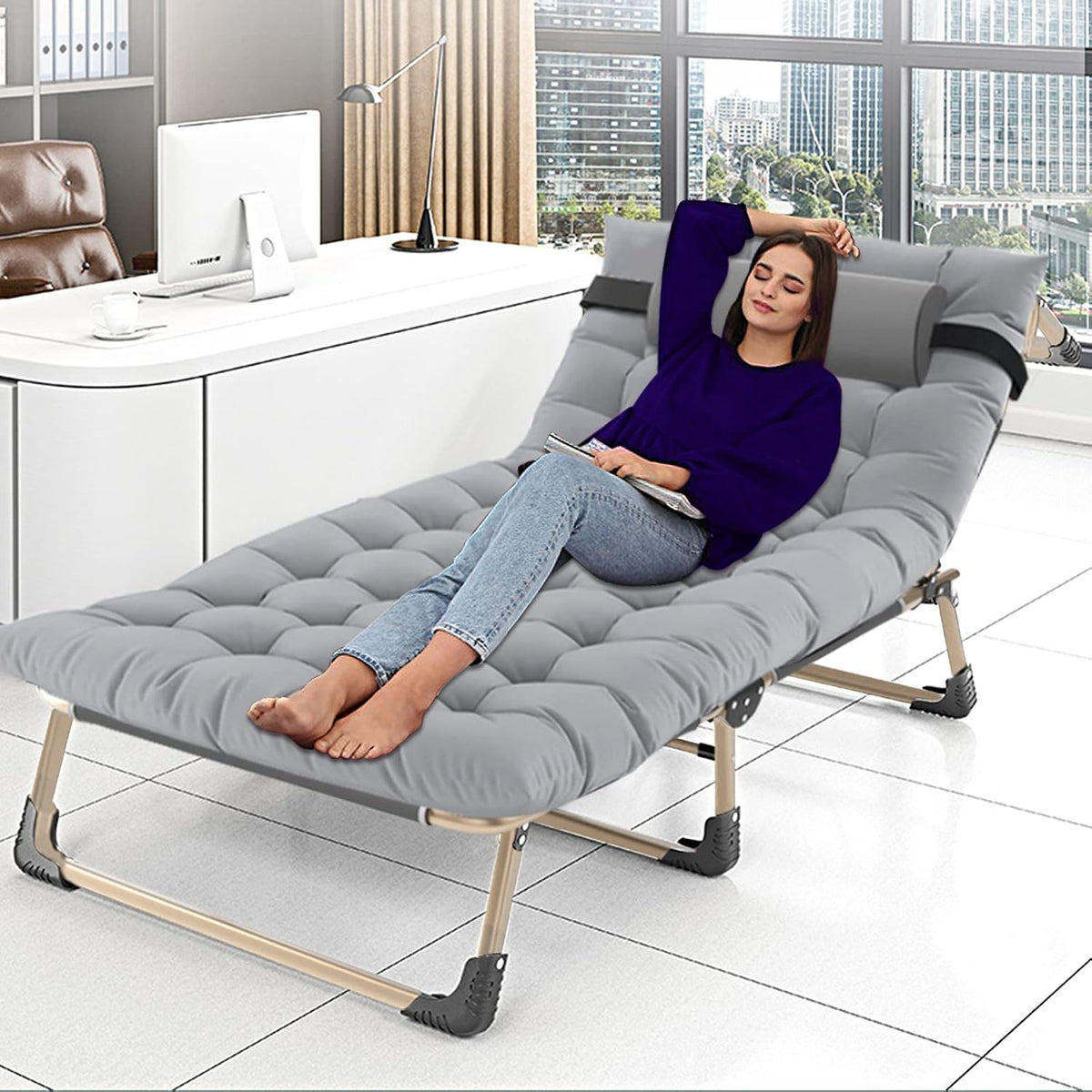 Adjustable 4-Position Folding Chaise Lounge Chair Camping Cot U478