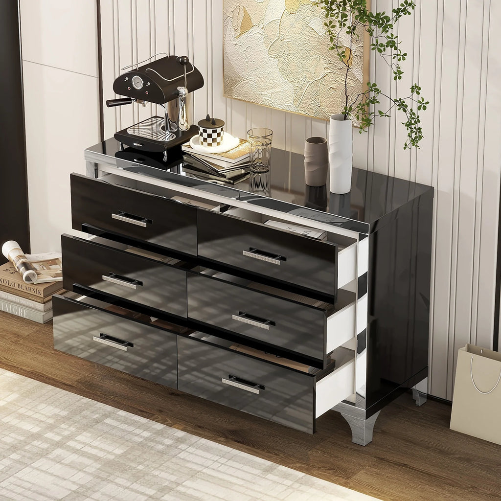 Black High Gloss 6 Drawer Mirrored Dresser A2776