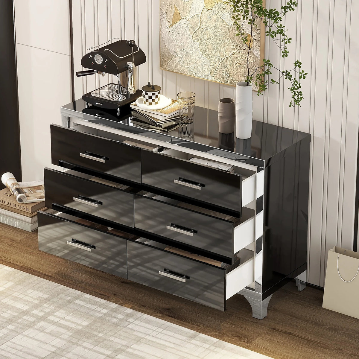 Black High Gloss 6 Drawer Mirrored Dresser A2776