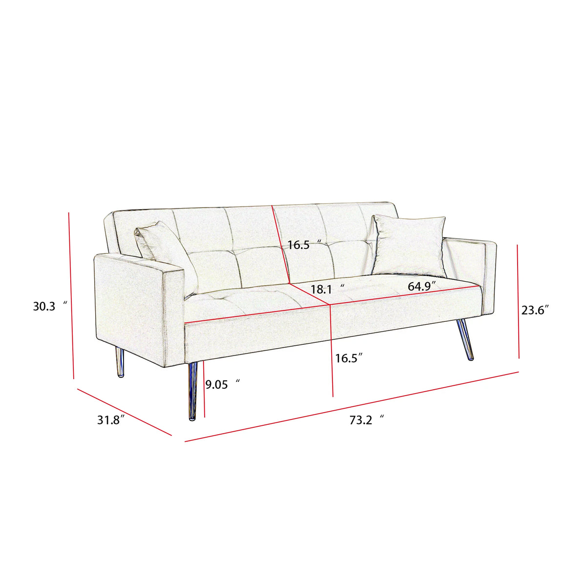 Gray Velvet Convertible Sofa Bed with 2 Pillows T86778