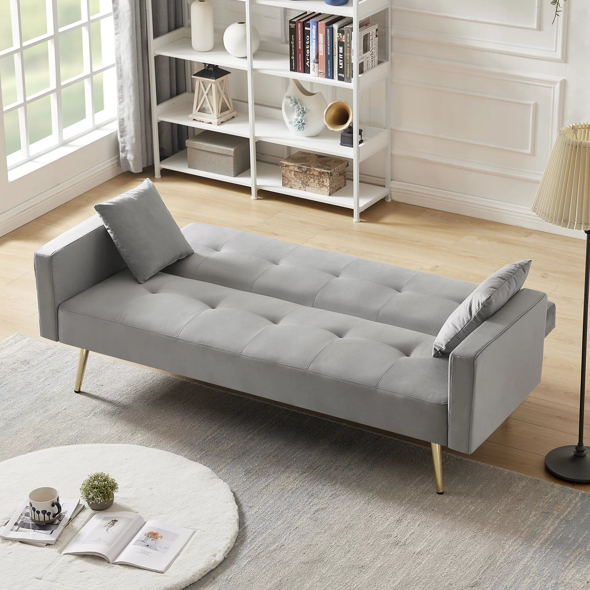 Gray Velvet Convertible Sofa Bed with 2 Pillows T86778