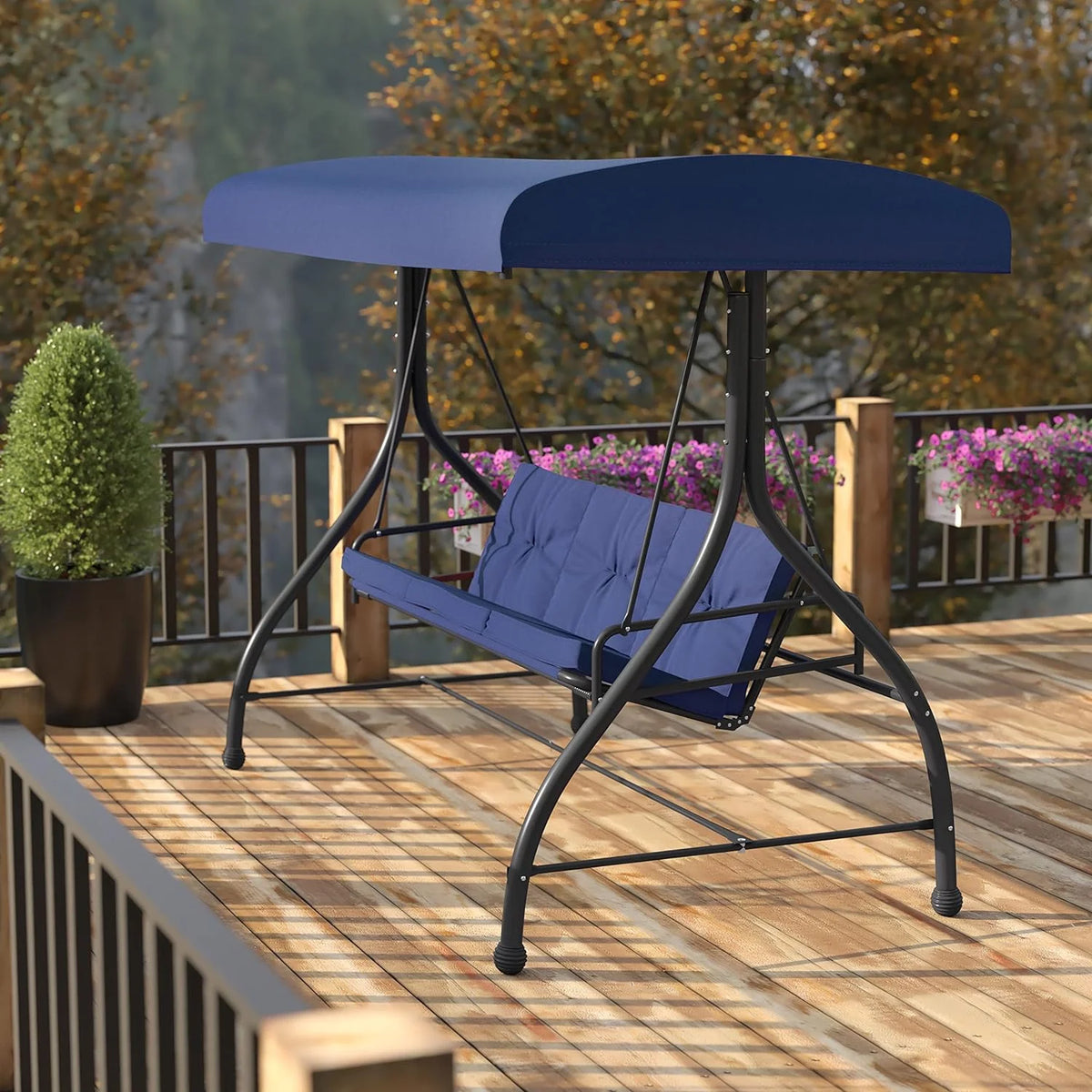 3-Seat Outdoor Steel Converting Patio Swing Canopy Hammock with Cushions H370