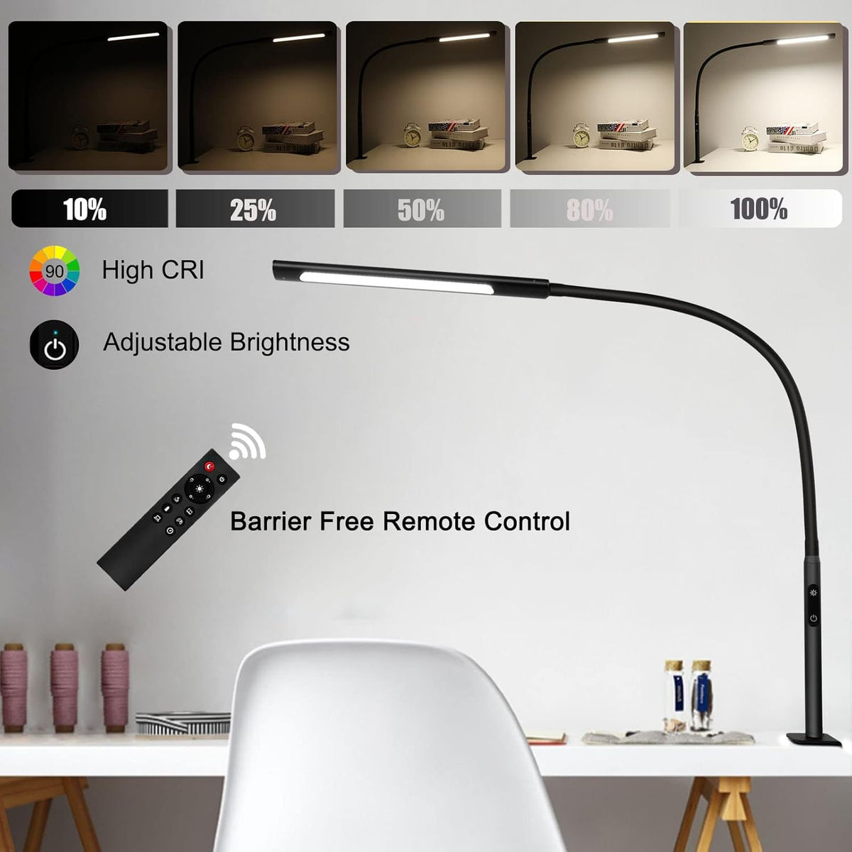 Black Swing Arm LED Desk Lamp with Remote Control W628