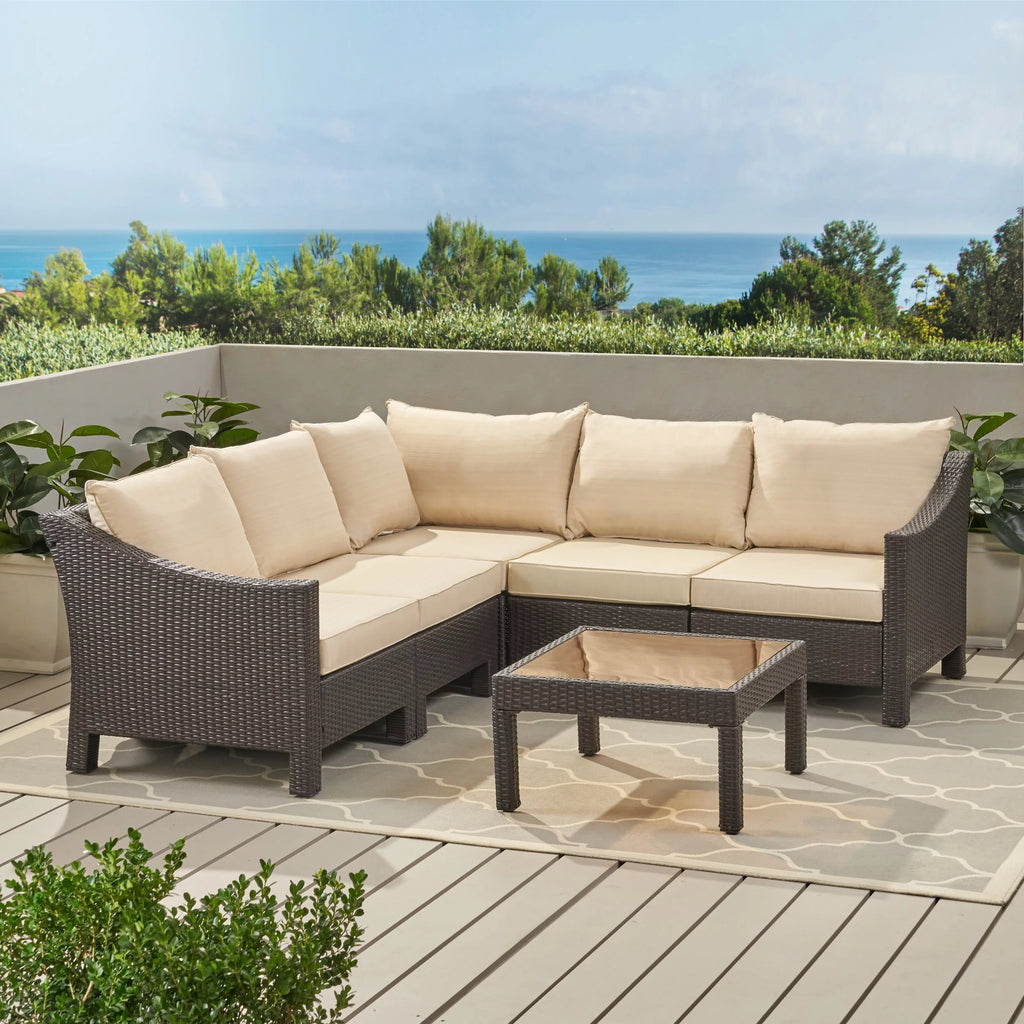 Multibrown and Beige 5 Seater Wicker Sectional Sofa Set with Cushions C57235