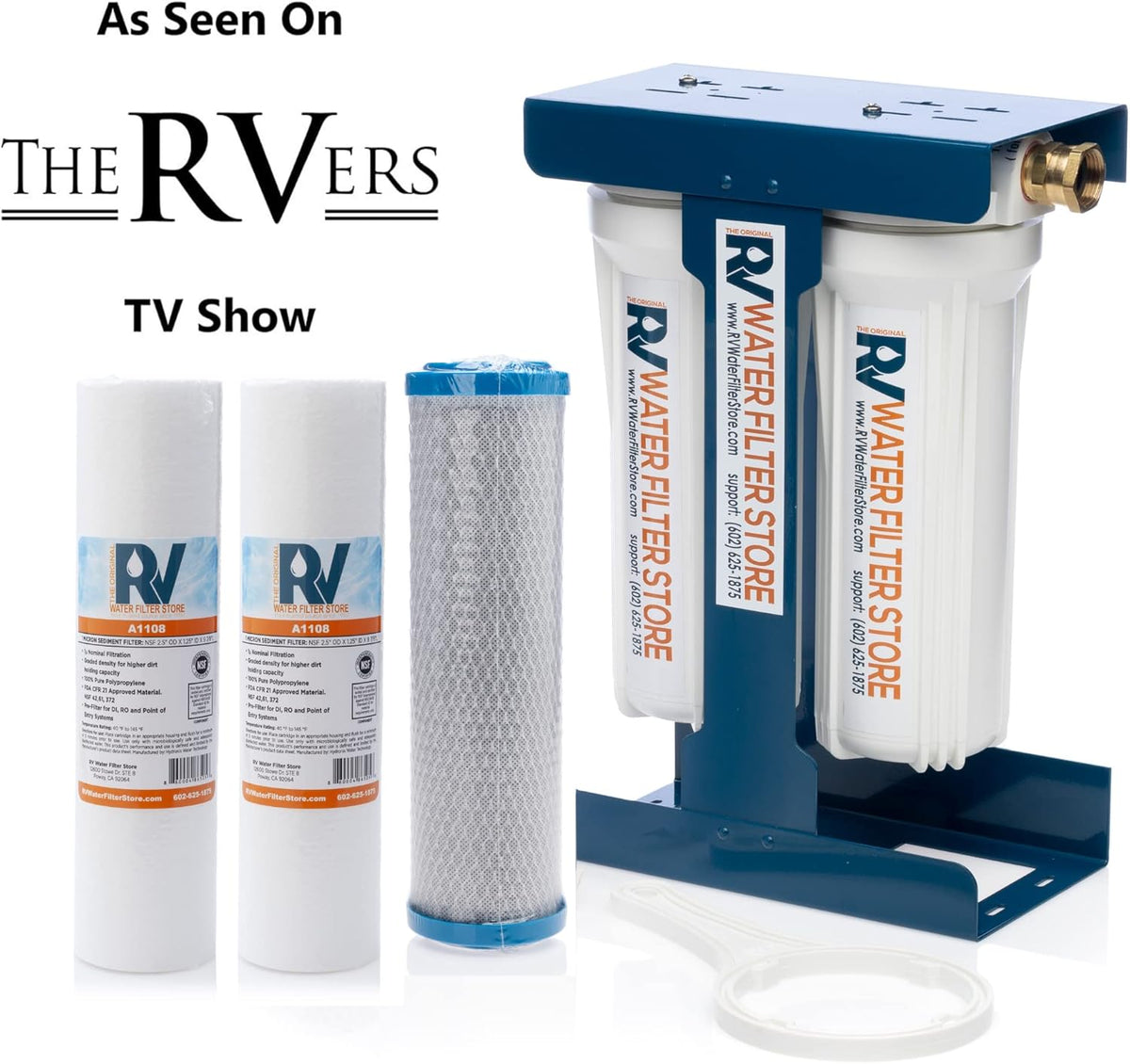 RV Water Filter System with Universal Blue Cage Mounting Bracket and Brass Hose Fittings F783799