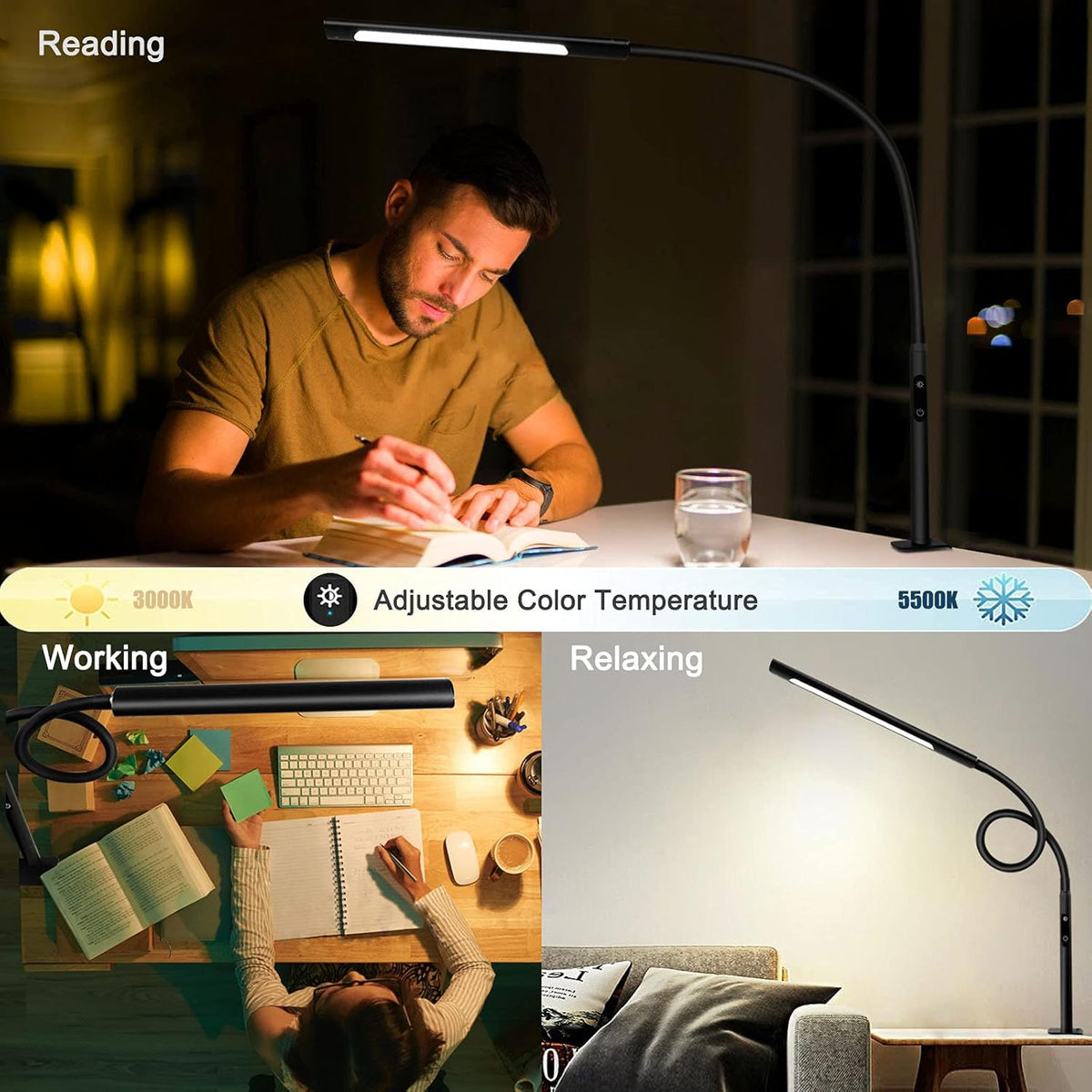 Black Swing Arm LED Desk Lamp with Remote Control W628