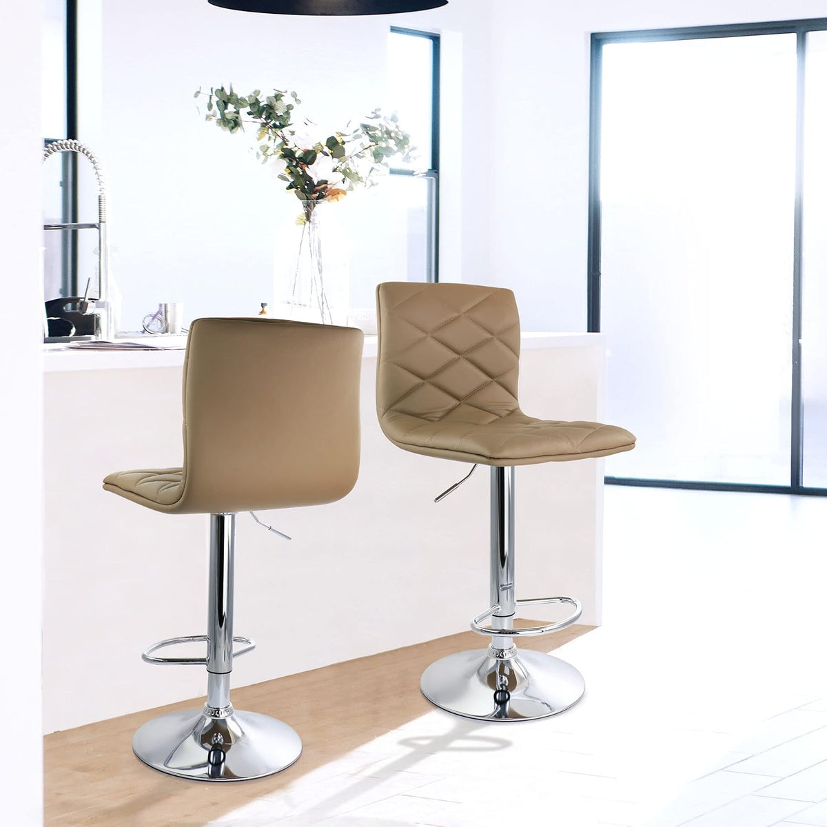 2 Piece Adjustable Faux Leather Bar Stool in Camel with Chrome Base F77883