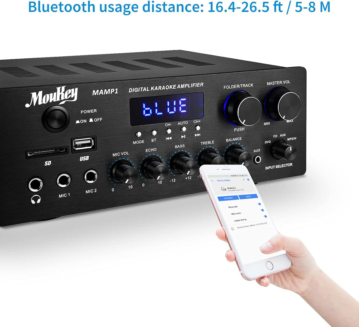 220W 2 Channel Bluetooth Power Amplifier with USB, SD, AUX, MIC, Echo, LED, RCA E2425