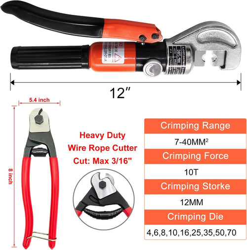 10 Ton Hydraulic Cable Crimper Hand Tool with 9 Dies and Stainless Steel Cable Cutter Q1165