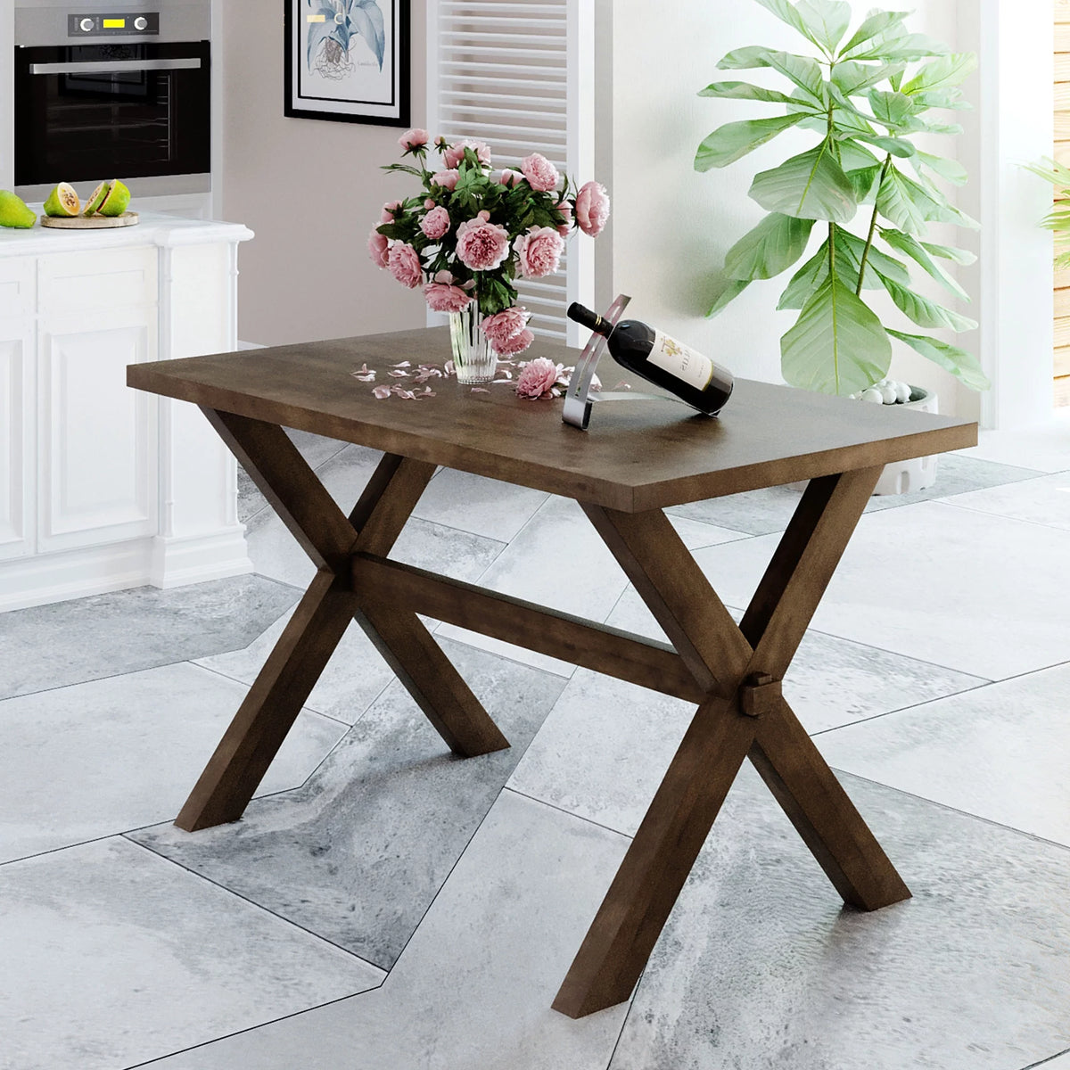 Farmhouse Rustic Wood Dining Table with X-shape Legs, Brown S427849