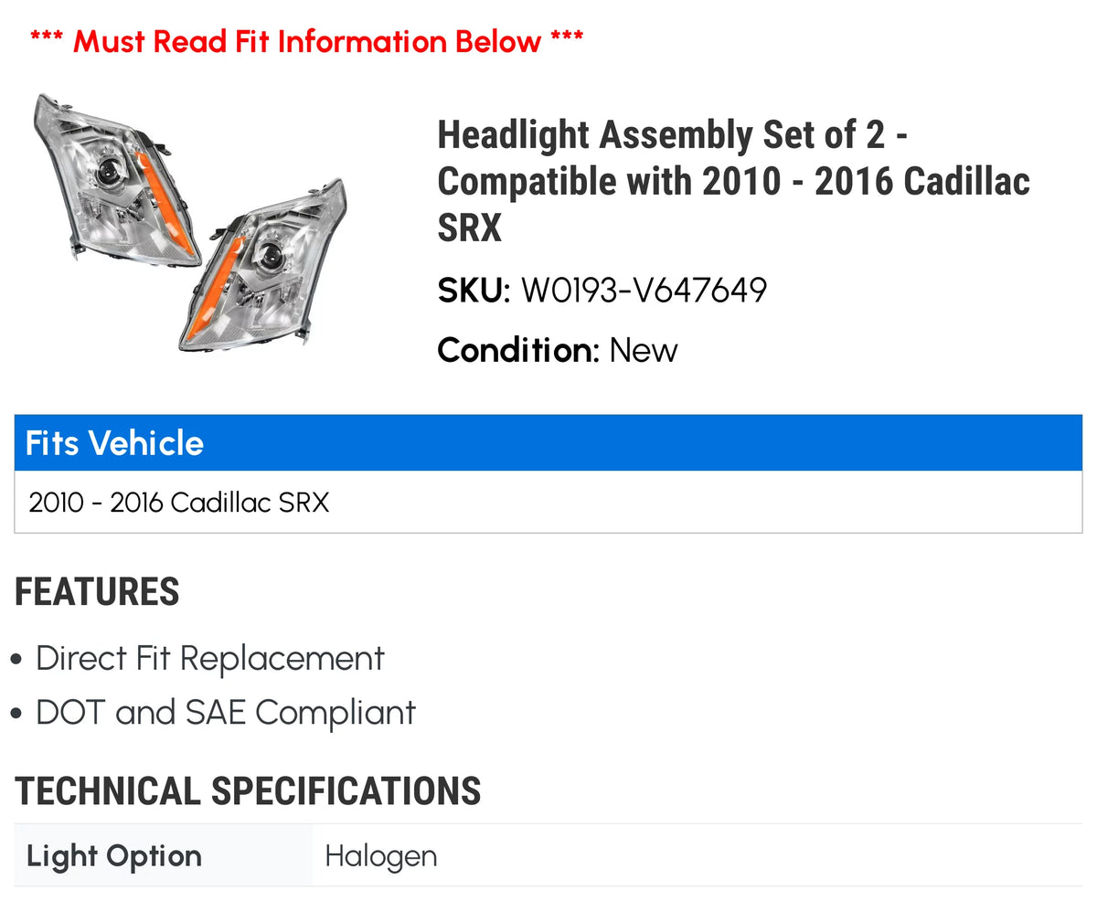 Headlight Assembly Set of 2 X550