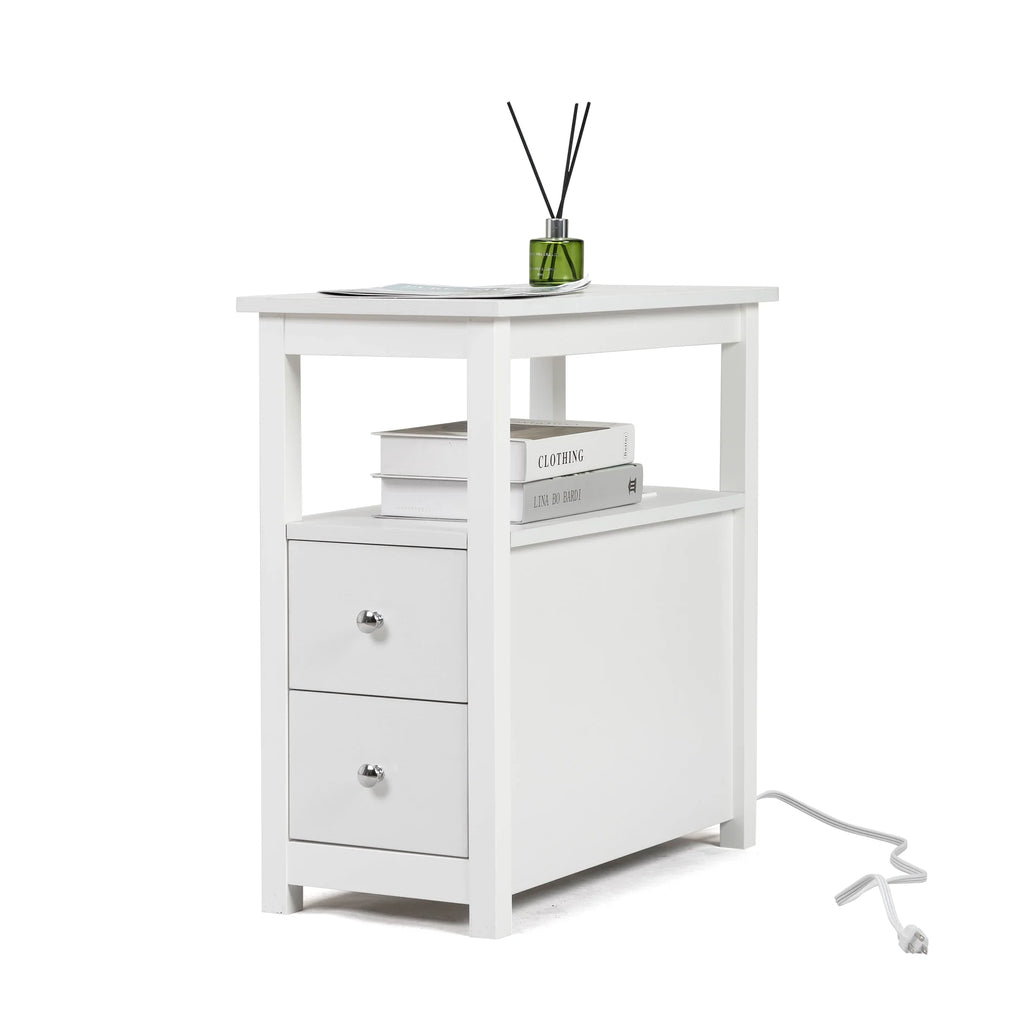 White Narrow End Table with Charging Station D13873