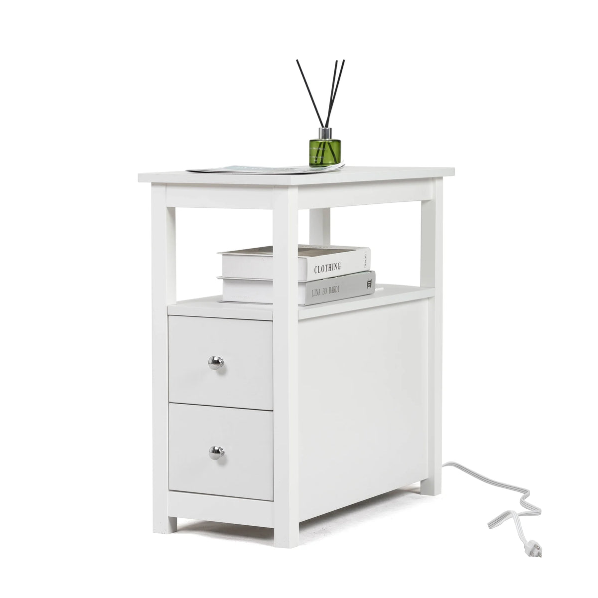 White Narrow End Table with Charging Station D13873