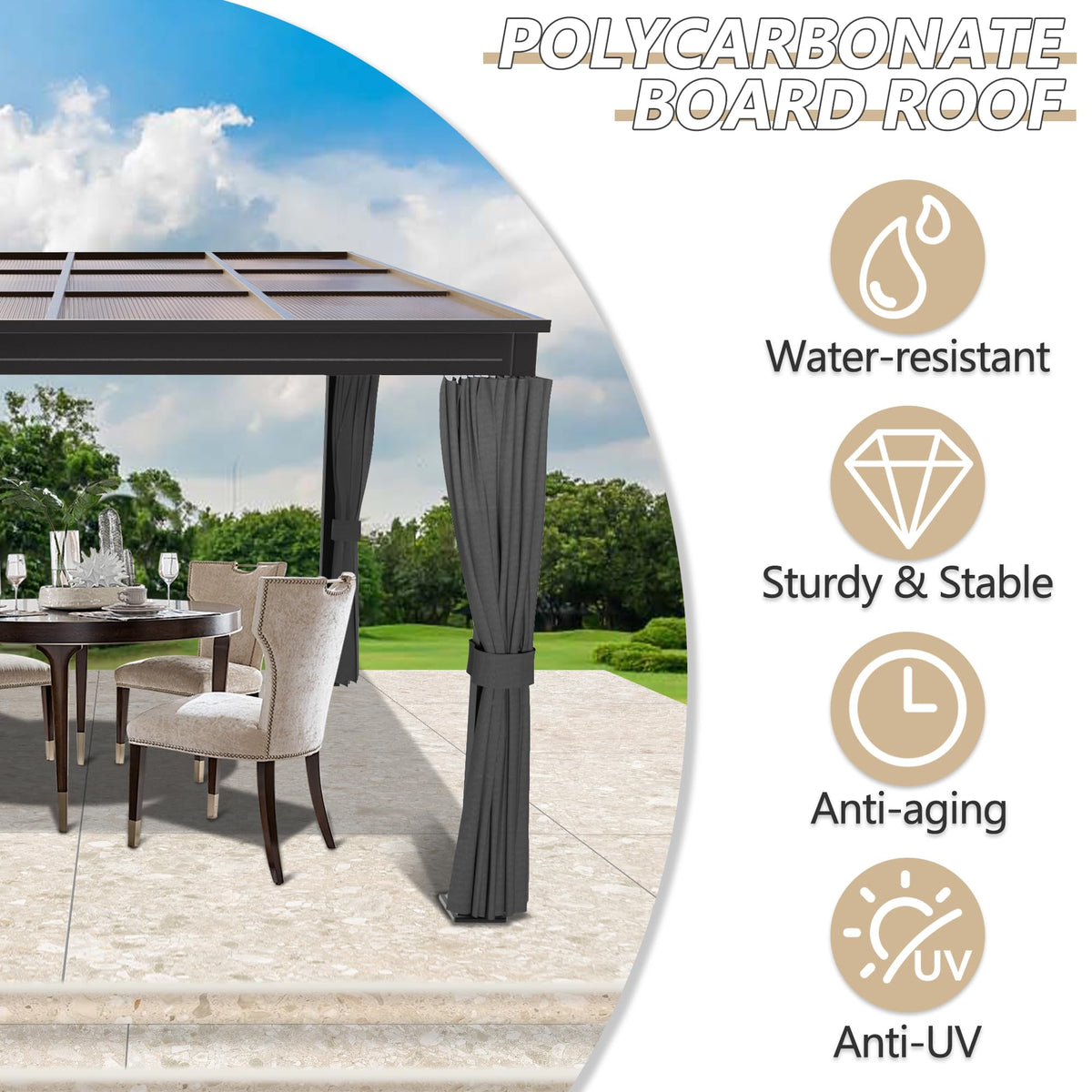10×10FT Wall-Mounted Aluminum Frame Pergola Gazebo With Netting & Curtains J807008