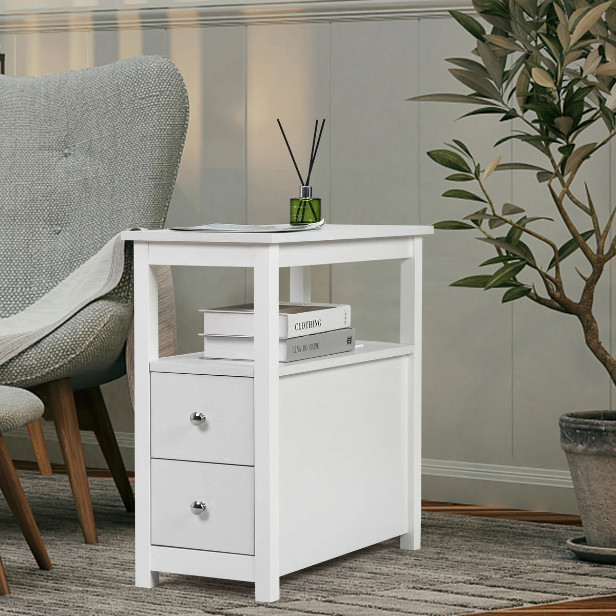 White Narrow End Table with Charging Station D13873