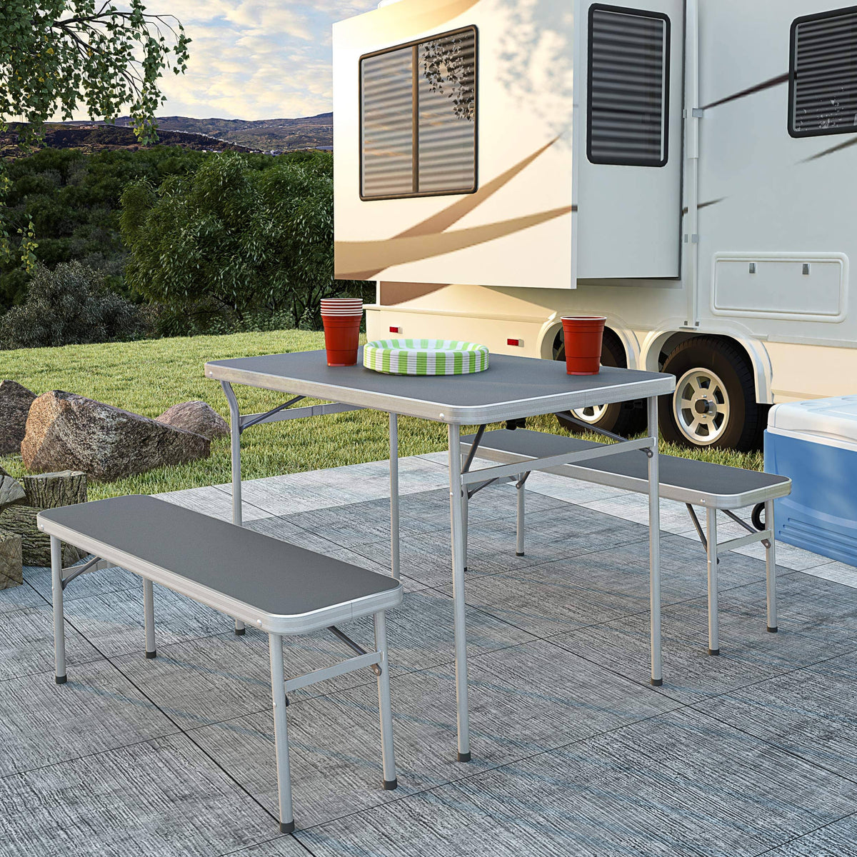 4ft Grey Aluminum Camping Table and Bench Set S710
