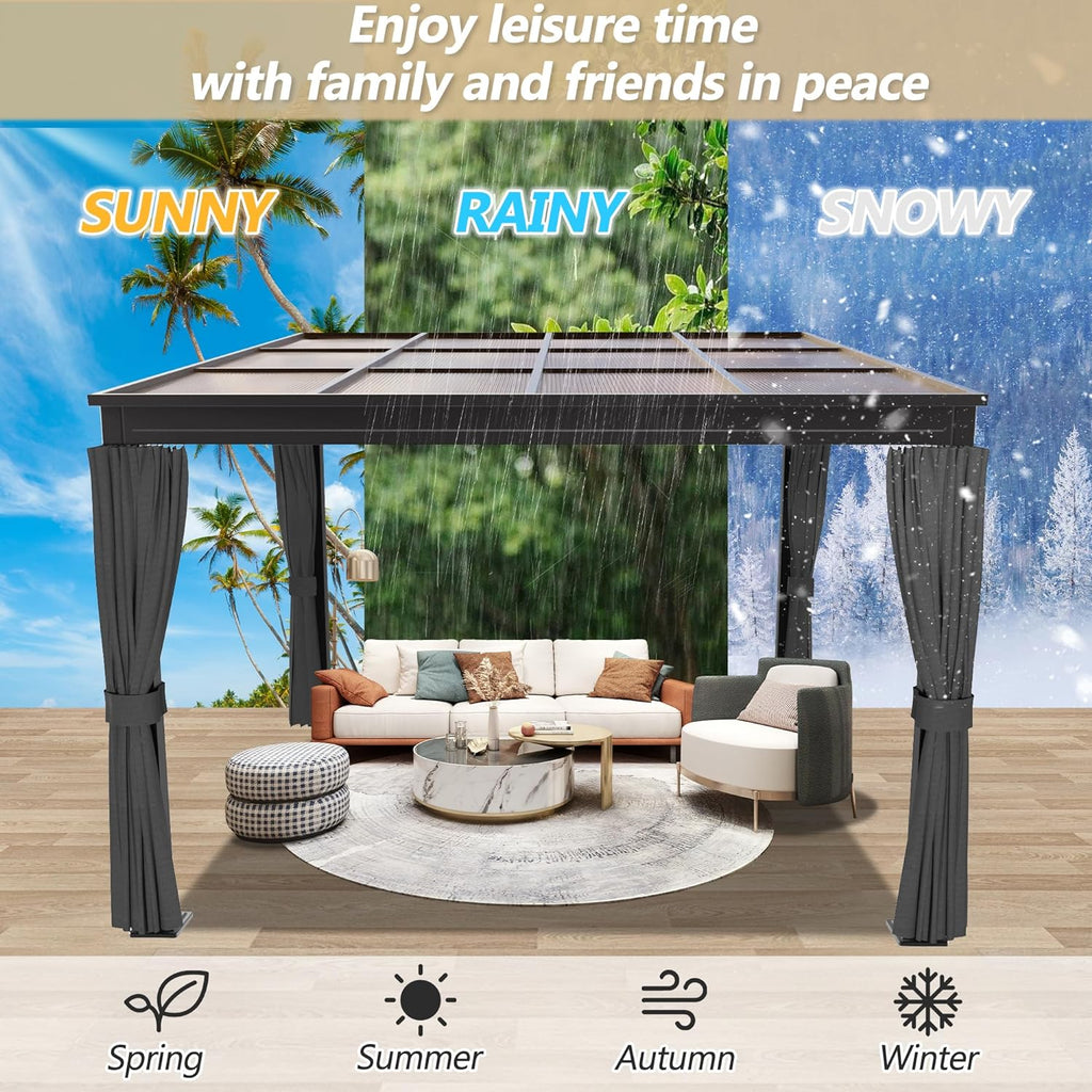 10×10FT Wall-Mounted Aluminum Frame Pergola Gazebo With Netting & Curtains J807008